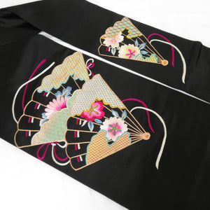 名古屋帯 正絹 アンティーク 日本刺繍 繻子織り 扇子柄 お太鼓柄 九寸なごや帯 黒色 仕立て上がり レトロ着物 長さ361cm