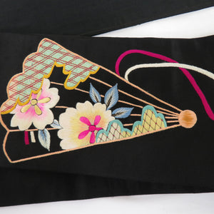 名古屋帯 正絹 アンティーク 日本刺繍 繻子織り 扇子柄 お太鼓柄 九寸なごや帯 黒色 仕立て上がり レトロ着物 長さ361cm