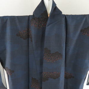 紬 着物 大島紬 雲取り 一元式 袷 広衿 紺色 正絹 カジュアル着物 仕立て上がり 身丈164cm