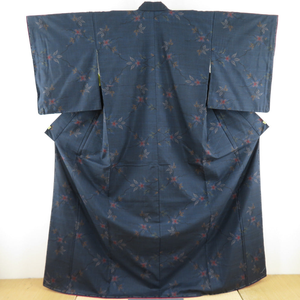 紬 着物 大島紬 唐花 一元式 袷 バチ衿 紺色 正絹 カジュアル着物 仕立て上がり 身丈166cm 美品