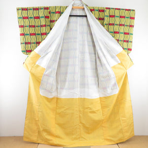 紬 着物 変わり格子文様 袷 広衿 黄色 正絹 カジュアル着物 仕立て上がり 身丈162cm