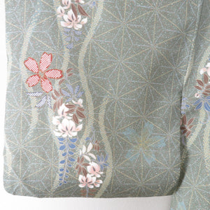 小紋 染め紬 桜に藤文様 正絹 灰緑色 袷 広衿 カジュアル 仕立て上がり着物 身丈159cm 美品