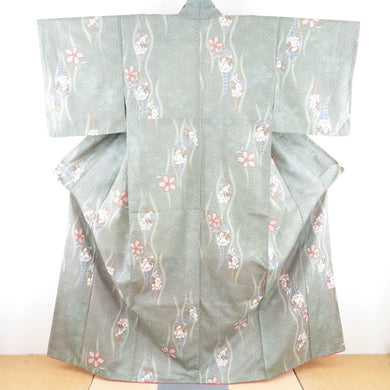 小紋 染め紬 桜に藤文様 正絹 灰緑色 袷 広衿 カジュアル 仕立て上がり着物 身丈159cm 美品
