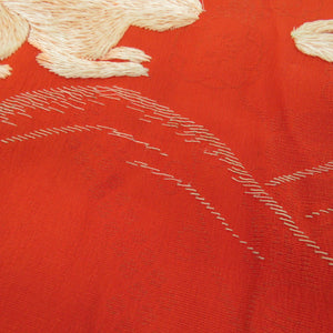 Children's kimono antique cloth one body for children one lined rabbit embroidery one crest pure silk red Meiji Taisho romantic Roman seven -five girls retro 43cm