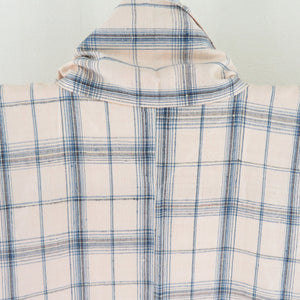 紬 着物 格子 袷 広衿 ベージュ色 正絹 カジュアル着物 仕立て上がり 身丈160cm