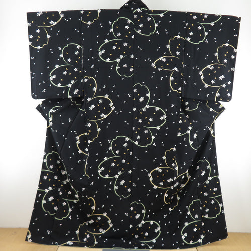小紋 桜文様 箔 正絹 黒色 袷 広衿 カジュアル 仕立て上がり着物 身丈165cm