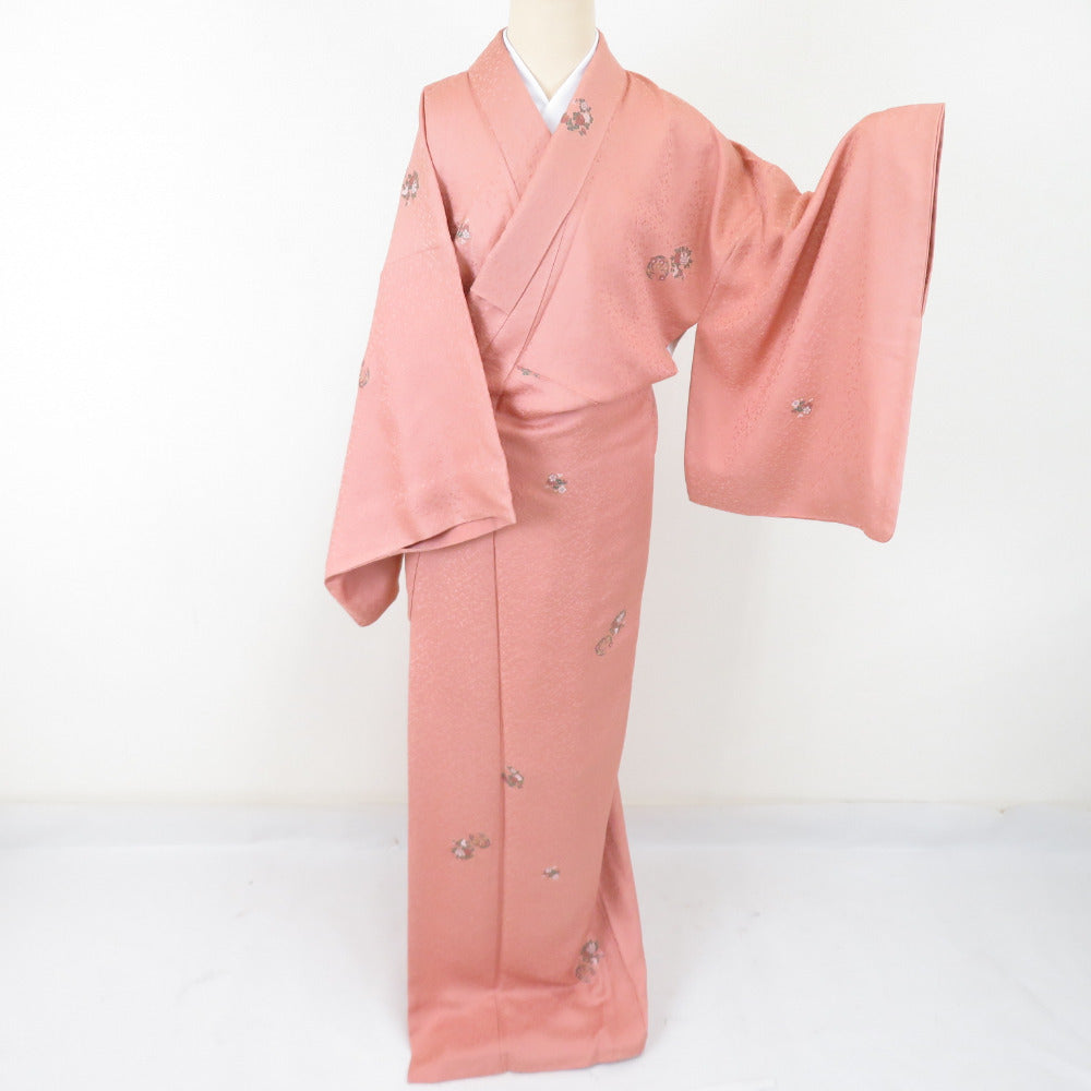 k-4108 百貫 サーモンピンク 色無地 縫いの一つ紋 正絹 広衿 袷 着物訪問着