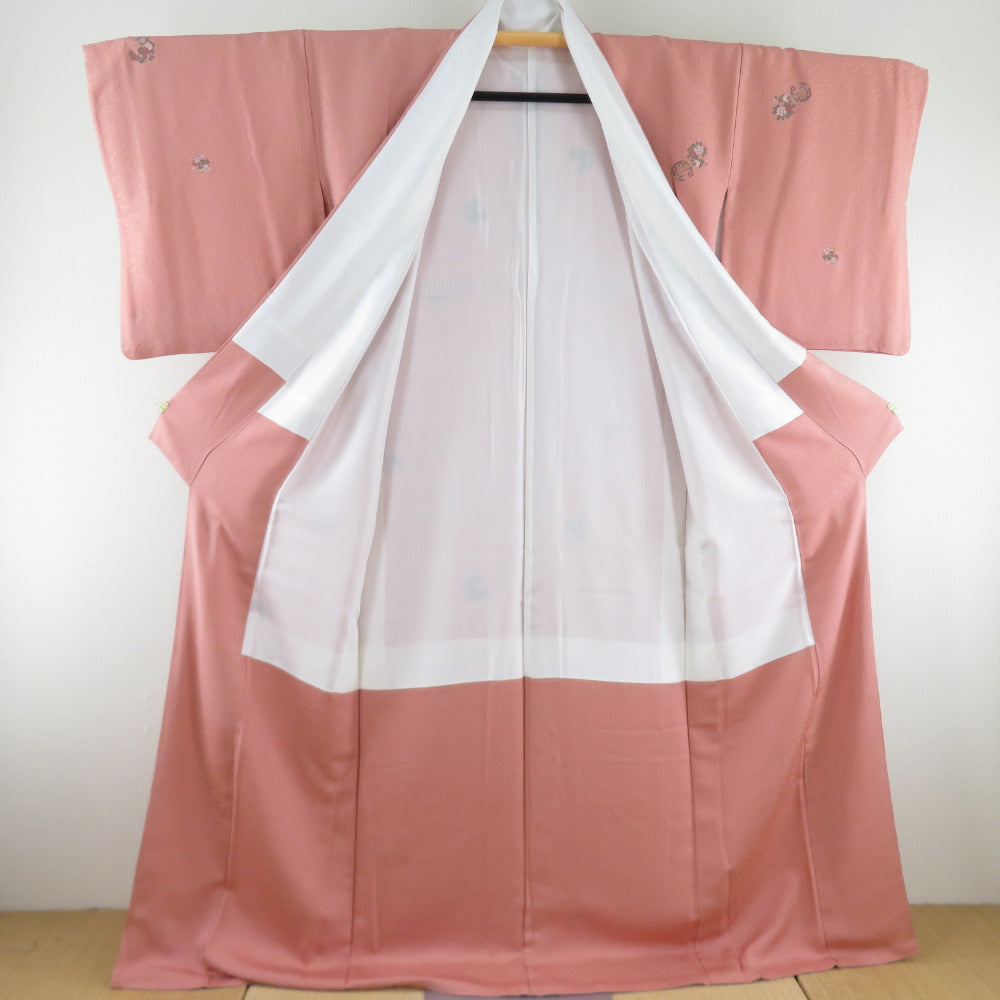 色留袖k-4108 百貫 サーモンピンク 色無地 縫いの一つ紋 正絹 広衿 袷 着物