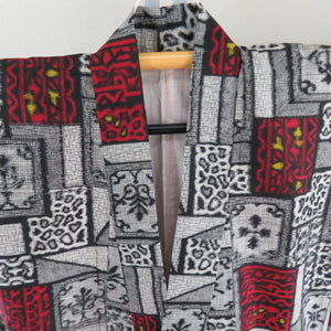 Antique Meisen geometric pattern pattern Lined Bee collar pure silk black and white / red kimono Retro Taisho romance 152cm