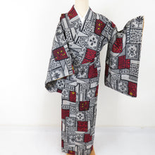Load image into Gallery viewer, Antique Meisen geometric pattern pattern Lined Bee collar pure silk black and white / red kimono Retro Taisho romance 152cm