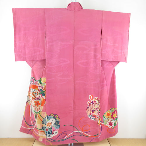 Color Tomesode Antique Bouquet on a bouquet, a crane, a lined wide collar crest pure silk foil peach purple tailoring kimono retro Taisho romance 150cm