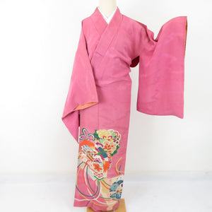Color Tomesode Antique Bouquet on a bouquet, a crane, a lined wide collar crest pure silk foil peach purple tailoring kimono retro Taisho romance 150cm