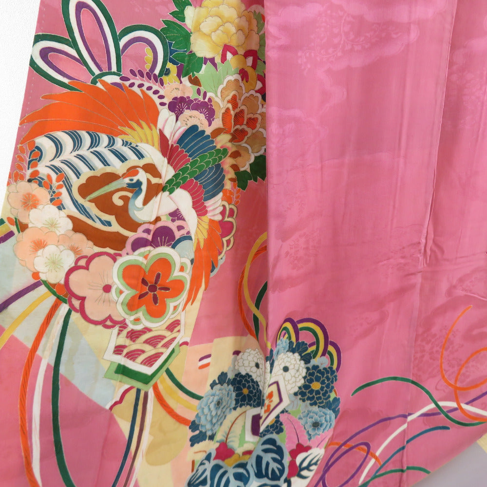 色留袖 アンティーク 花束に鶴文様 袷 広衿 紋なし 正絹 箔 桃紫色 