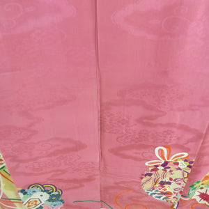 色留袖 アンティーク 花束に鶴文様 袷 広衿 紋なし 正絹 箔 桃紫色 仕立て上がり着物 レトロ 大正ロマン 身丈150cm