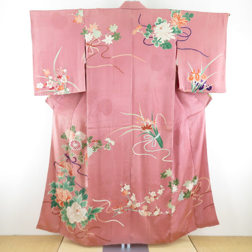 Visit clothes Antique chrysanthemum and peony -like pure silk foil embroidery peach purple tailoring kimono Retro Taisho romance 153cm