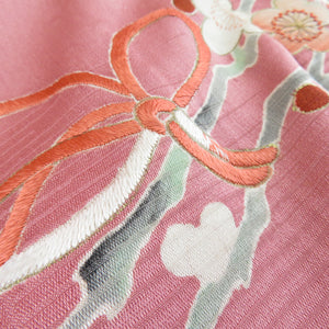 Visit clothes Antique chrysanthemum and peony -like pure silk foil embroidery peach purple tailoring kimono Retro Taisho romance 153cm