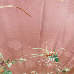 訪問着 アンティーク 菊に牡丹文様 袷 バチ衿 紋なし 正絹 箔 刺繍 桃紫色 仕立て上がり着物 レトロ 大正ロマン 身丈153cm