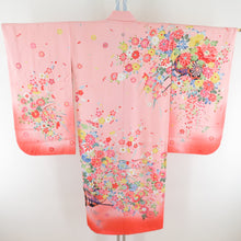 Load image into Gallery viewer, Children&#39;s kimono girls&#39; four body flower car Points Pink color pure silk Yuzen tone one crest with Kashiwa crest lined formal children&#39;s children&#39;s children&#39;s sequence 753 cm