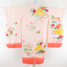 Load image into Gallery viewer, Children&#39;s kimono girl for girls with three peony and cosmos writer writer writer with a pink color pure silk hand -painted crest lined formal kids girl seven five three celebration 110cm