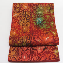 画像をギャラリービューアに読み込む, 袋帯 纐纈 花唐草 染め文様 正絹 赤橙色 全通柄 仕立て上がり 着物帯 長さ440cm 美品