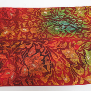 袋帯 纐纈 花唐草 染め文様 正絹 赤橙色 全通柄 仕立て上がり 着物帯 長さ440cm 美品