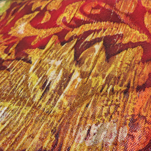 袋帯 纐纈 花唐草 染め文様 正絹 赤橙色 全通柄 仕立て上がり 着物帯 