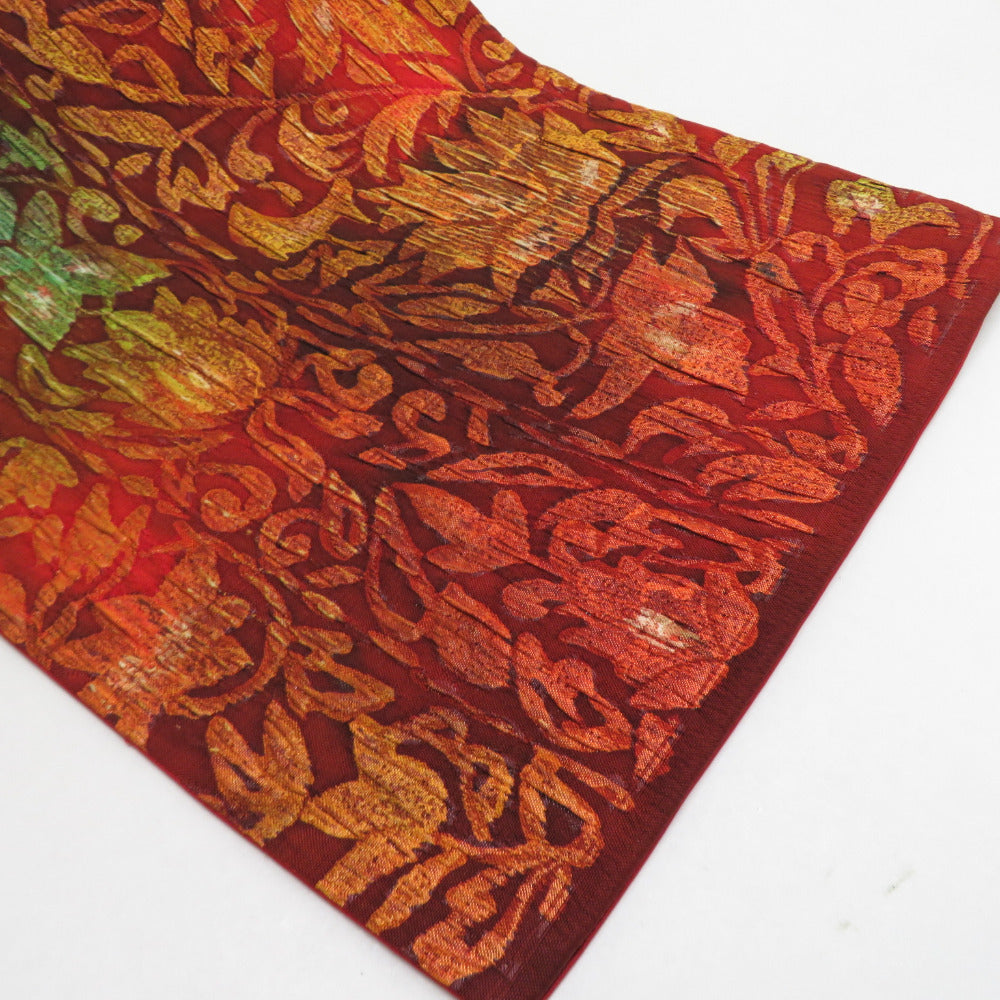 袋帯 纐纈 花唐草 染め文様 正絹 赤橙色 全通柄 仕立て上がり 着物帯 