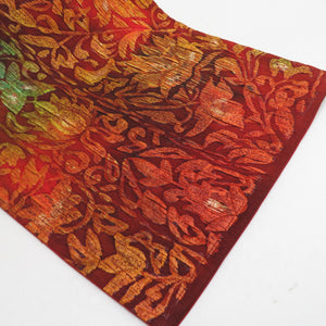 袋帯 纐纈 花唐草 染め文様 正絹 赤橙色 全通柄 仕立て上がり 着物帯 長さ440cm 美品