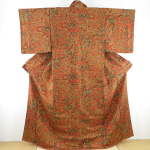 小紋 花唐草文様 袷 広衿 橙色 正絹 カジュアル着物 仕立て上がり 身丈159cm 美品