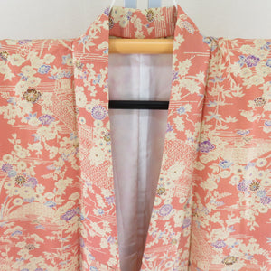 Komon -shaped dyeing house flower pattern lined brown collar pink pink silk casual casual kimono tailor