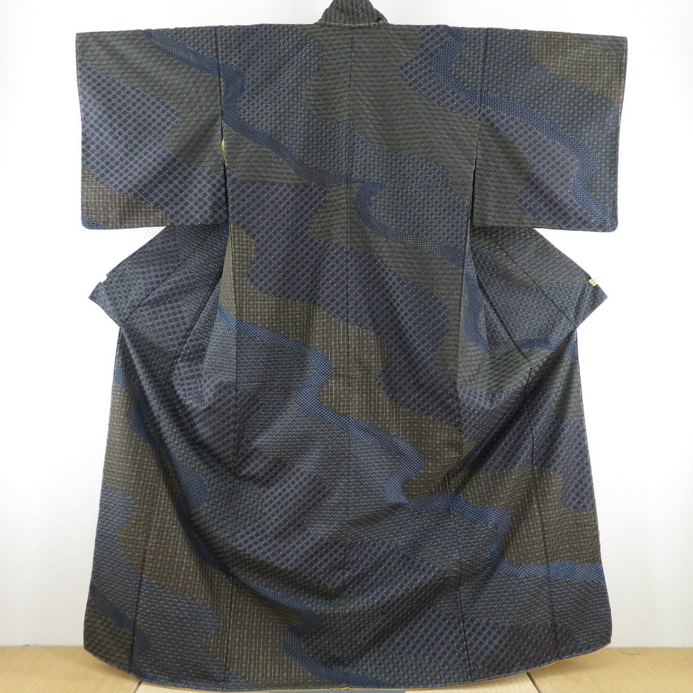 手織り紬 訪問着 袷 正絹 刺し子刺繍 流水 トールサイズ ki28537約295cm