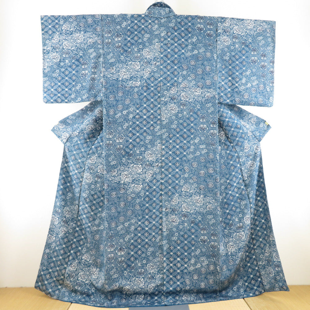 Komon Crepe Flowers Aquarium Public Lined Broad Cover Blue Silk Casual Casual Kimono Tailor