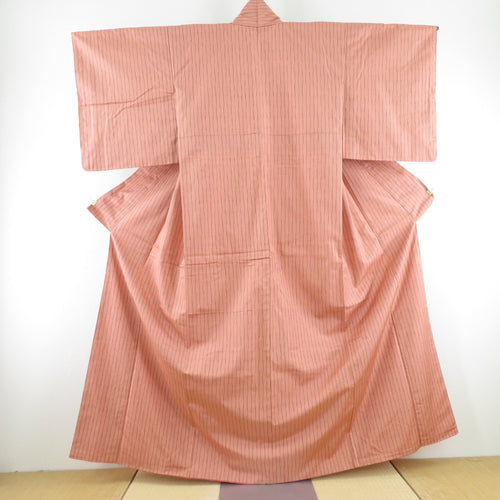紬 着物 立涌文様 袷 広衿 赤橙色 正絹 カジュアル着物 仕立て上がり 身丈158cm 美品