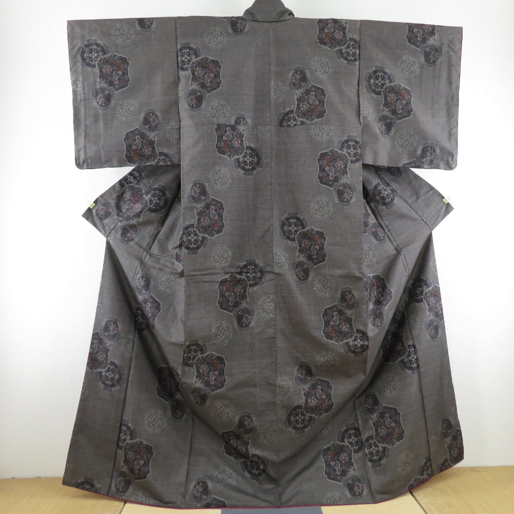 紬 着物 大島紬 花鳥文様 カタス式 袷 広衿 茶色 正絹 カジュアル着物 仕立て上がり 身丈163cm 美品
