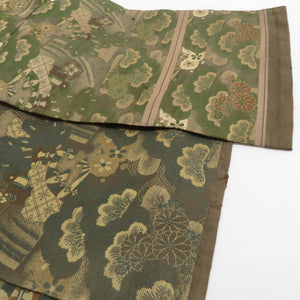 丸帯 アンテーク 緑色 松竹梅に菊文様 絹 金糸 フォーマル 舞台衣装 着物帯 長さ392cm