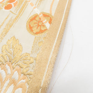 丸帯 アンテーク ベージュ色 亀甲に松梅文様 絹 金糸 フォーマル 舞台衣装 着物帯 長さ400cm