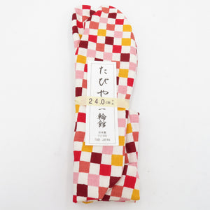 柄足袋 24.0cm 白・暖色系 市松柄 底面白色 日本製 たびや 一輪館 綿100％ 4枚こはぜ レディース 女性用 足袋 カジュアル