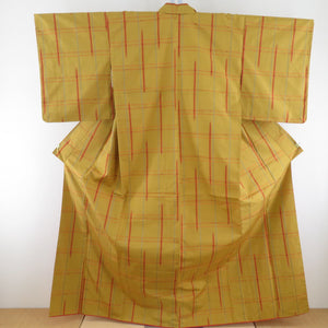 紬 着物 アンサンブル 道中着付 格子文様 袷 バチ衿 黄色 正絹 カジュアル着物 仕立て上がり 身丈161cm 美品