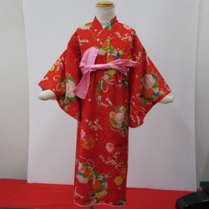 Kimono girl one body kimono red flower pattern bell pattern girl girl length about 77cm beautiful goods