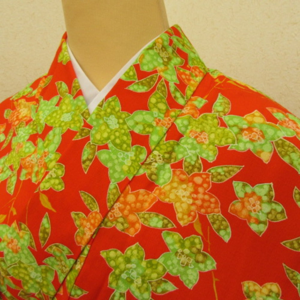 Other kimono wool kimono green oligange green x galley × orange floral pattern height (from shoulder) 3 shaku 9 inch 2 minutes small pattern height about 145cm in height #1001 used