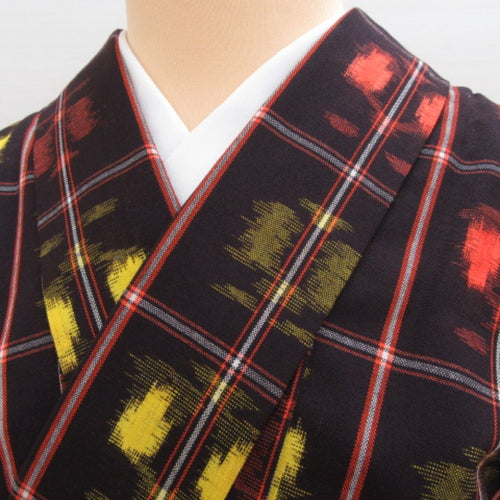 Other kimono wool kimono (from the shoulder) 4 shaku 2 minutes (152.7cm) tea yellow x red lattice