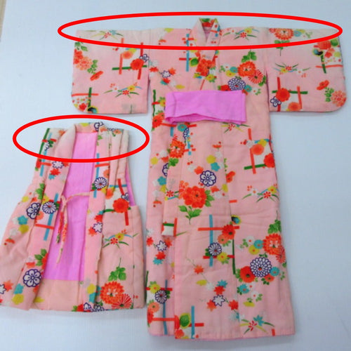 Other kimono remake suitable girls One kimono & sleeve jacket set Thin pink multi -colored flower young retro #1001 [Used]
