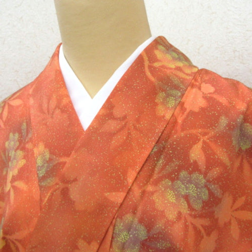 Komon Pure Silk Yellow Flower Orange Color Wide Collar Light (from the shoulder) 154.5cm (4 shaku 7 minutes) Height 149cm Practice Casual Kimono Tailoring # 1001 Used