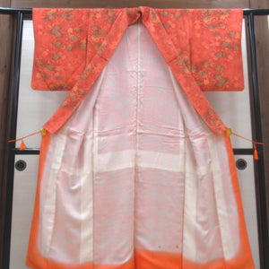 Komon Pure Silk Yellow Flower Orange Color Wide Collar Light (from the shoulder) 154.5cm (4 shaku 7 minutes) Height 149cm Practice Casual Kimono Tailoring # 1001 Used