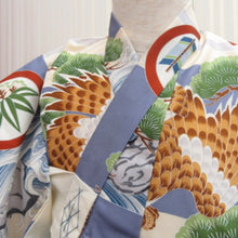 Load image into Gallery viewer, Silk boy kimono shoulders length 68cm generation × blue-violet hawk pine rough seas haze pattern retro accessories making remake # 1001