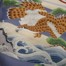 Load image into Gallery viewer, Silk boy kimono shoulders length 68cm generation × blue-violet hawk pine rough seas haze pattern retro accessories making remake # 1001